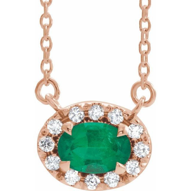 14K Rose 5x3 mm Lab-Grown Emerald & .05 CTW Natural Diamond 16" Necklace