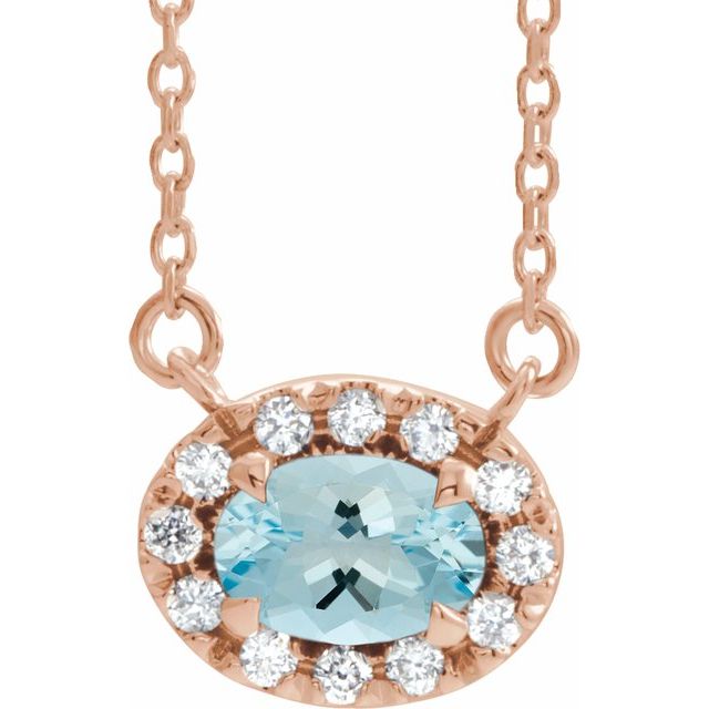 14K Rose 5x3 mm Natural Aquamarine & .05 CTW Natural Diamond 16" Necklace