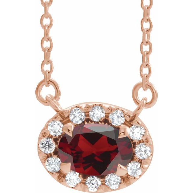 14K Rose 5x3 mm Natural Mozambique Garnet & .05 CTW Natural Diamond 18" Necklace