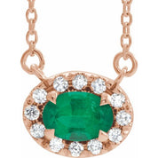 14K Rose 6x4 mm Lab-Grown Emerald & 1/10 CTW Natural Diamond 16" Necklace