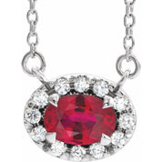 14K White 7x5 mm Natural Ruby & 1/6 CTW Natural Diamond 16" Necklace