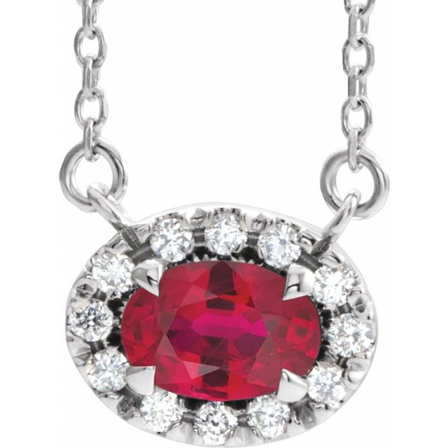 14K White 7x5 mm Natural Ruby & 1/6 CTW Natural Diamond 16" Necklace
