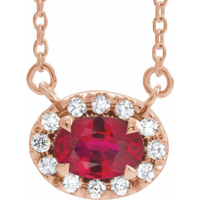14K Rose 7x5 mm Lab-Grown Ruby & 1/6 CTW Natural Diamond 16" Necklace