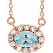 14K Rose 7x5 mm Natural Aquamarine & 1/6 CTW Natural Diamond 16" Necklace