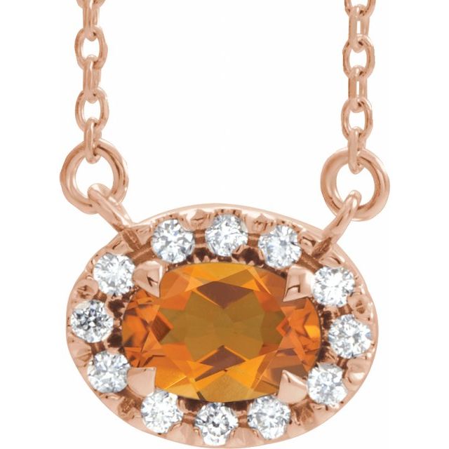 14K Rose 6x4 mm Natural Citrine & 1/10 CTW Natural Diamond 18" Necklace
