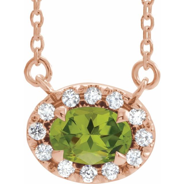 14K Rose 7x5 mm Natural Peridot & 1/6 CTW Natural Diamond 16" Necklace