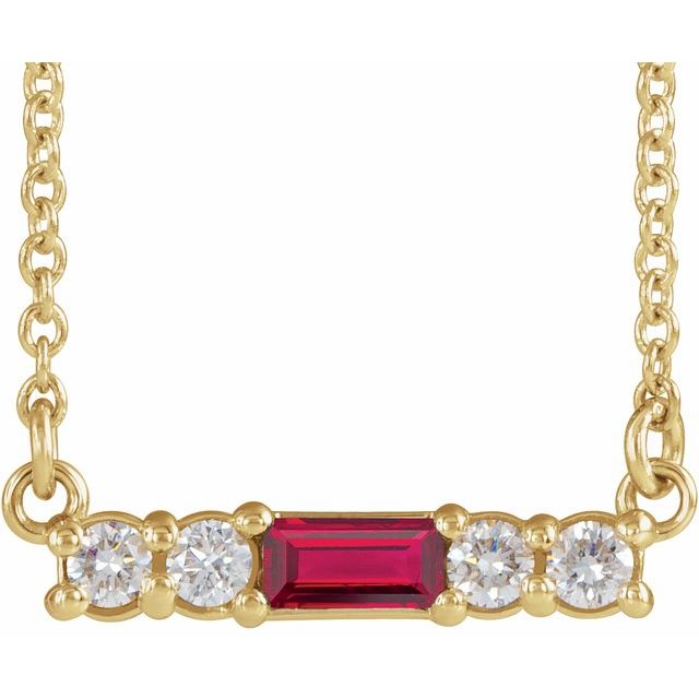 14K Yellow Lab-Grown Ruby & 1/8 CTW Natural Diamond 16" Necklace