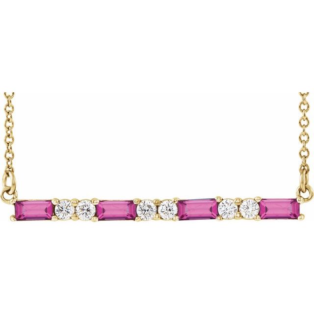 14K Yellow Natural Pink Tourmaline & 1/6 CTW Natural Diamond Bar 16-18" Necklace