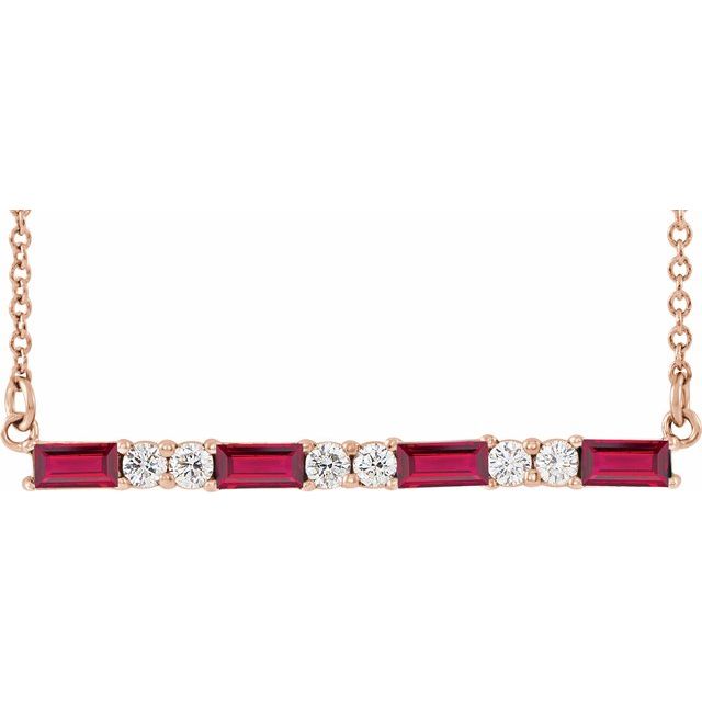 14K Rose Natural Ruby & 1/6 CTW Natural Diamond Bar 16-18" Necklace