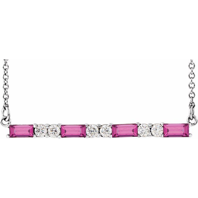 Sterling Silver Natural Pink Tourmaline & 1/6 CTW Natural Diamond Bar 16-18" Necklace