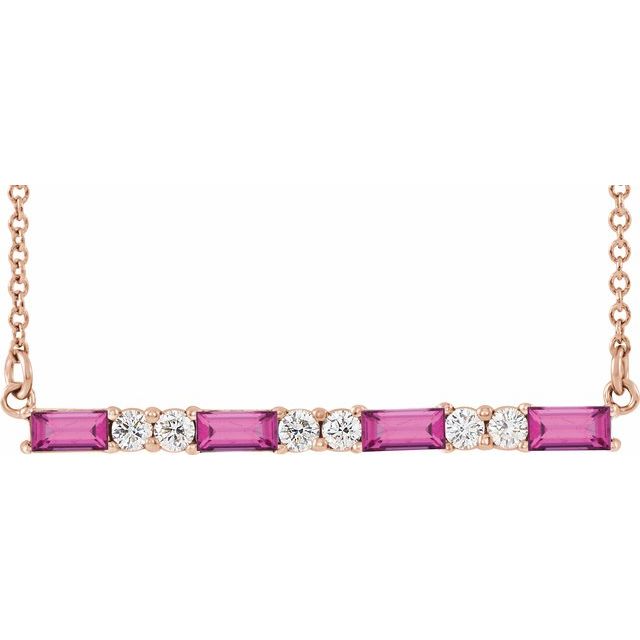 14K Rose Natural Pink Tourmaline & 1/6 CTW Natural Diamond Bar 16-18" Necklace