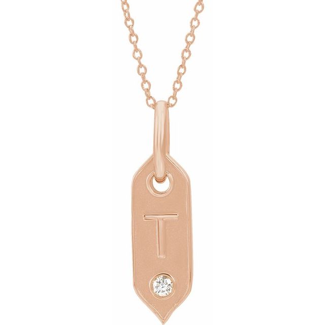 14K Rose .05 CT Natural Diamond Initial T 16-18" Necklace