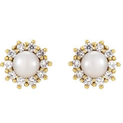 14K Yellow Cultured White Freshwater Pearl & 1/4 CTW Natural Diamond Earrings