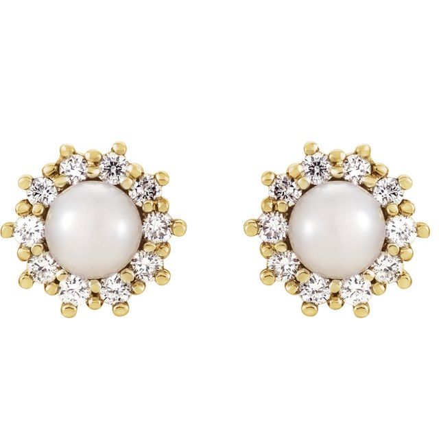 14K Yellow Cultured White Freshwater Pearl & 1/4 CTW Natural Diamond Earrings