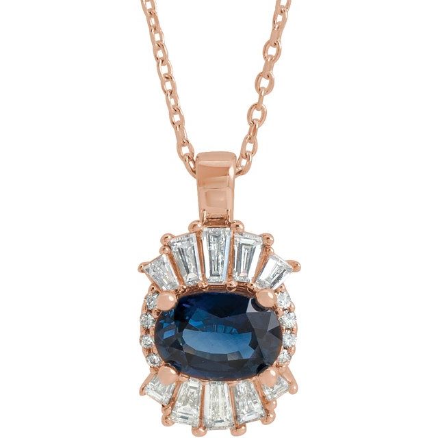 14K Rose Natural Blue Sapphire & 1/3 CTW Natural Diamond 16-18" Necklace
