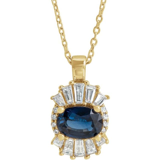 14K Yellow Natural Blue Sapphire & 1/3 CTW Natural Diamond 16-18" Necklace