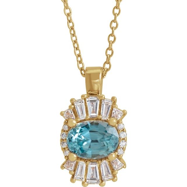 14K Yellow Natural Aquamarine & 1/3 CTW Natural Diamond 16-18" Necklace
