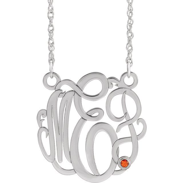 Rhodium-Plated Sterling Silver 30 mm 3-Initial Imitation Citrine Script Monogram Necklace