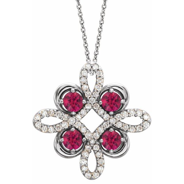 14K White Natural Pink Tourmaline & 1/8 CTW Natural Diamond Clover 18" Necklace