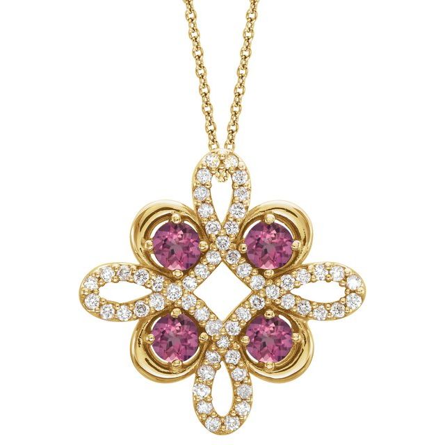 14K Yellow Natural Pink Tourmaline & 1/8 CTW Natural Diamond Clover 18" Necklace