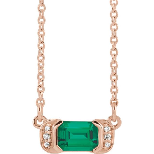 14K Rose Lab-Grown Emerald & .02 CTW Natural Diamond Bar 16" Necklace