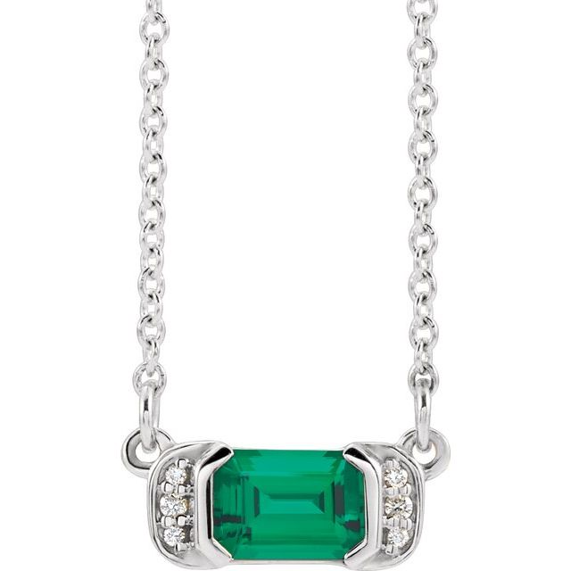 14K White Lab-Grown Emerald & .02 CTW Natural Diamond Bar 16" Necklace