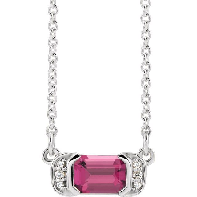 Sterling Silver Natural Pink Tourmaline & .02 CTW Natural Diamond Bar 16" Necklace