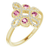 14K Yellow Natural Pink Tourmaline & 1/8 CTW Natural Diamond Semi-Set Clover Ring