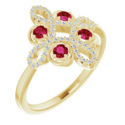 14K Yellow Natural Ruby & 1/8 CTW Natural Diamond Semi-Set Clover Ring