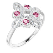 14K White Natural Pink Tourmaline & 1/8 CTW Natural Diamond Semi-Set Clover Ring