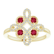 14K Yellow Natural Ruby & 1/8 CTW Natural Diamond Semi-Set Clover Ring