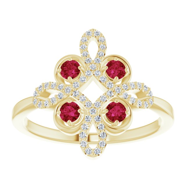 14K Yellow Natural Ruby & 1/8 CTW Natural Diamond Semi-Set Clover Ring