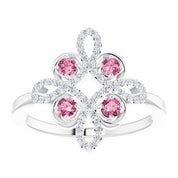 14K White Natural Pink Tourmaline & 1/8 CTW Natural Diamond Semi-Set Clover Ring