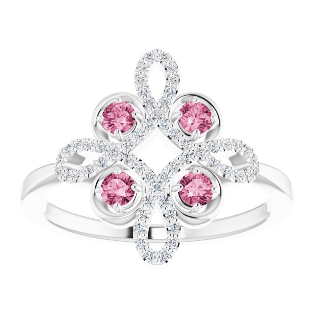 14K White Natural Pink Tourmaline & 1/8 CTW Natural Diamond Semi-Set Clover Ring