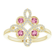 14K Yellow Natural Pink Tourmaline & 1/8 CTW Natural Diamond Semi-Set Clover Ring