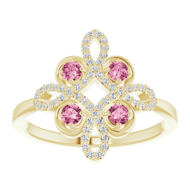 14K Yellow Natural Pink Tourmaline & 1/8 CTW Natural Diamond Semi-Set Clover Ring