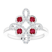 14K White Natural Ruby & 1/8 CTW Natural Diamond Semi-Set Clover Ring