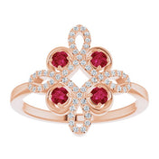 14K Rose Natural Ruby & 1/8 CTW Natural Diamond Semi-Set Clover Ring