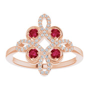 14K Rose Natural Ruby & 1/8 CTW Natural Diamond Semi-Set Clover Ring