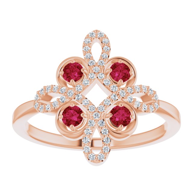 14K Rose Natural Ruby & 1/8 CTW Natural Diamond Semi-Set Clover Ring