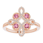 14K Rose Natural Pink Tourmaline & 1/8 CTW Natural Diamond Semi-Set Clover Ring