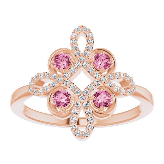 14K Rose Natural Pink Tourmaline & 1/8 CTW Natural Diamond Semi-Set Clover Ring