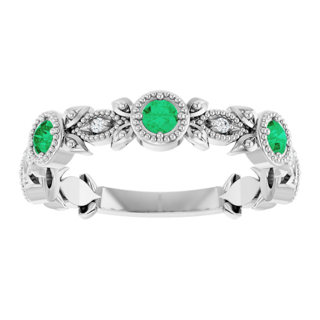 14K White Natural Lab-Grown Emerald & .03 CTW Natural Diamond Leaf Ring