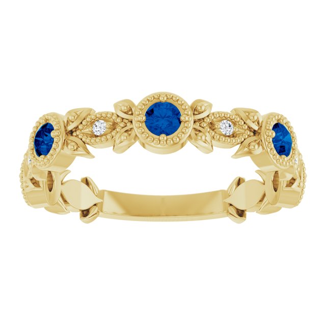 14K Yellow Natural Lab-Grown Blue Sapphire & .03 CTW Natural Diamond Leaf Ring