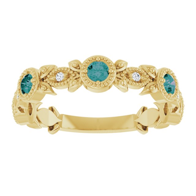 14K Yellow Lab-Grown Alexandrite & .03 CTW Natural Diamond Leaf Ring