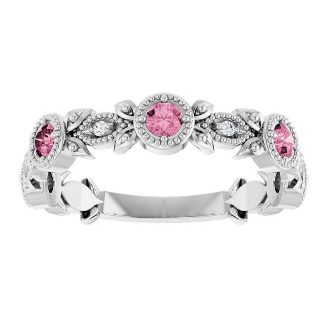 Platinum Natural Pink Tourmaline & .03 CTW Natural Diamond Leaf Ring