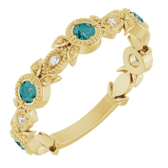 14K Yellow Lab-Grown Alexandrite & .03 CTW Natural Diamond Leaf Ring