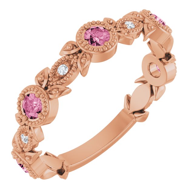 14K Rose Natural Pink Tourmaline & .03 CTW Natural Diamond Leaf Ring