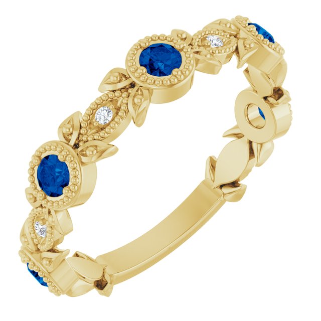 14K Yellow Natural Lab-Grown Blue Sapphire & .03 CTW Natural Diamond Leaf Ring