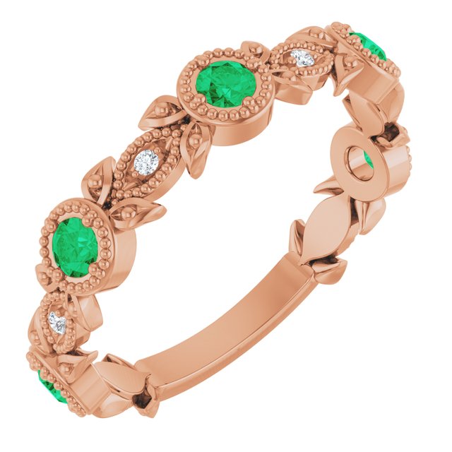 14K Rose Natural Lab-Grown Emerald & .03 CTW Natural Diamond Leaf Ring